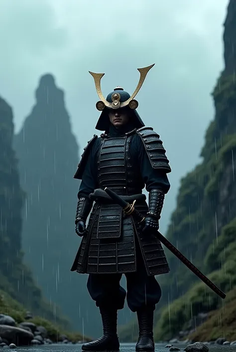 "A cinematic shot of a samurai warrior standing in the rain, wearing traditional armor, holding a katana, with a dramatic atmosphere,