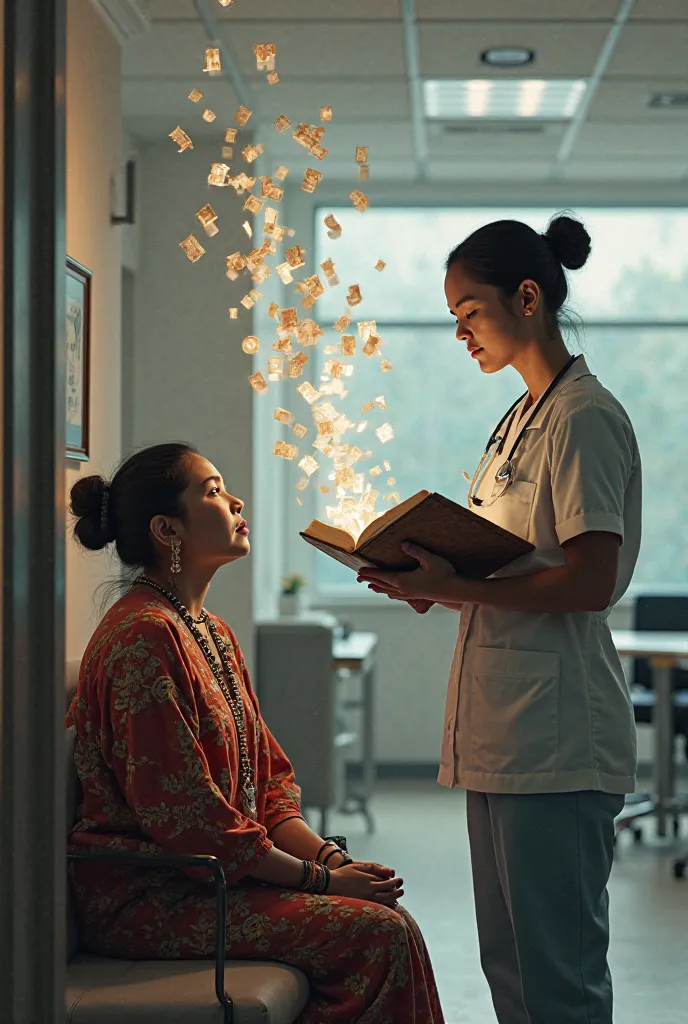 An indigenous woman sitting in an office where the nurse is talking to her, appear the nurse is holding a large open book, From which letters