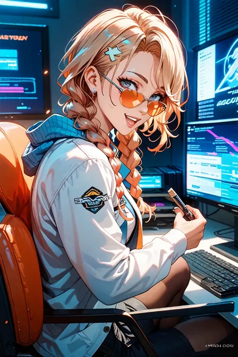 Anime-style illustration of a young father and his 18-year-old daughter. The father is a professional PC engineer and appears on a computer monitor during an online video call. He has a warm yet focused expression, wearing a casual yet stylish outfit, with...