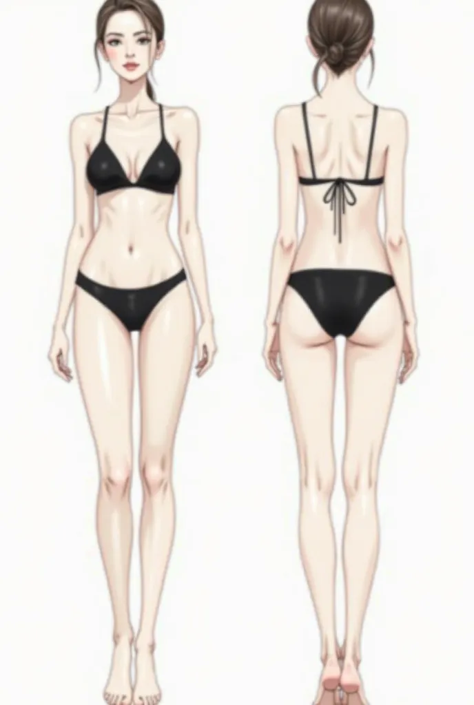 A front and back view of a female fashion figure template, drawn in a semi-realistic style with soft shading. The figure has a slender and well-proportioned body, wearing a black bikini. The front pose has arms relaxed at the sides, while the back view sho...