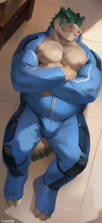 Solo, male Tall​l, Lying on the floor,Dark bathroom, pig crocodile ,tail crocodile long,​Tight hug on the chest.,blue military​ spacesuit​ , overweight, muscular, Smirking evil ​, by chunie