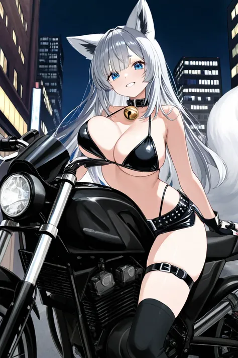 Gray Hair,White fox ears、blue eyes、White nails、White eyebrows、Thin eyebrows、collar with bell、black bikini with enamel、bigger breasts in bikinis、 winking、wears black gloves with no fingertips enamel、black jumper with broken enamel、enamel black hotpants、Blac...