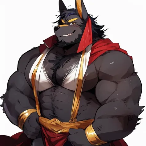 anubis, furry, handsome, very muscular, very big, extremely hot and sexy, beard, hair, chest hair, charming eyes, solo, male, happy expression, daddy, full body, big body, clothes, middle aged, by hyaku, by darkgem, by glitter trap boy