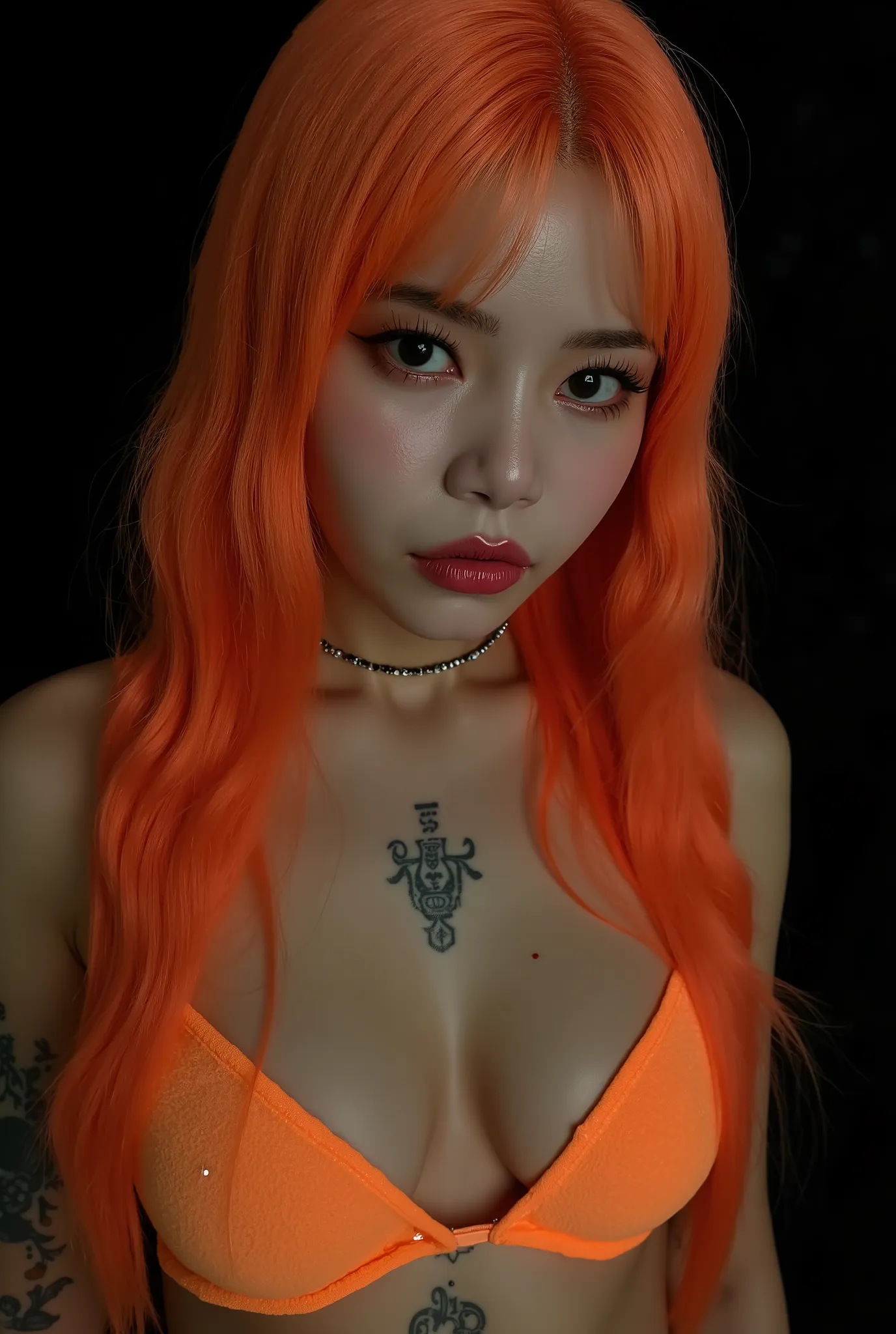 One girl、((tattoos)), Excellent anatomy, masterpiece, Highest quality,Realistic, hyperRealistic, 16k hdr,NSFW、Long orange Hair、Straight Hair、bangs、freckles、high school girl、Slender、Slender body、asian high school girl, huge breasts, cleavage, Lewd, horny, (...