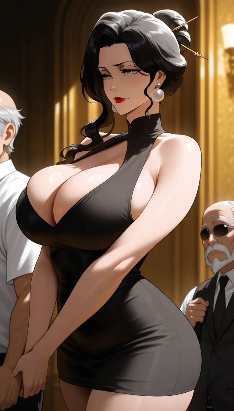 Masterpiece, elegant mature woman walking with fat bald ugly old man , yellow eyes, sleeveless, tall body, dynamic lighting, ultra detailed, highres, absurdres, bleach art style, newest, long big pearl  earrings ,,big rounded breasts ,red lipstick , black ...