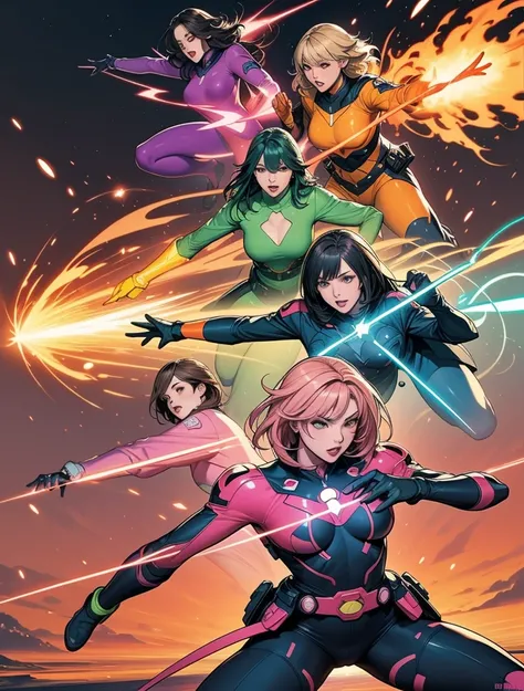 A brave and daring image of the six-woman Ranger team, Each is decorated with the following vibrant colors:: neon pink, Sunset Orange, Fire engine red, plasma blue, Fluorescent Green, shocking yellow. A dynamic pose with a background that oozes energy and ...