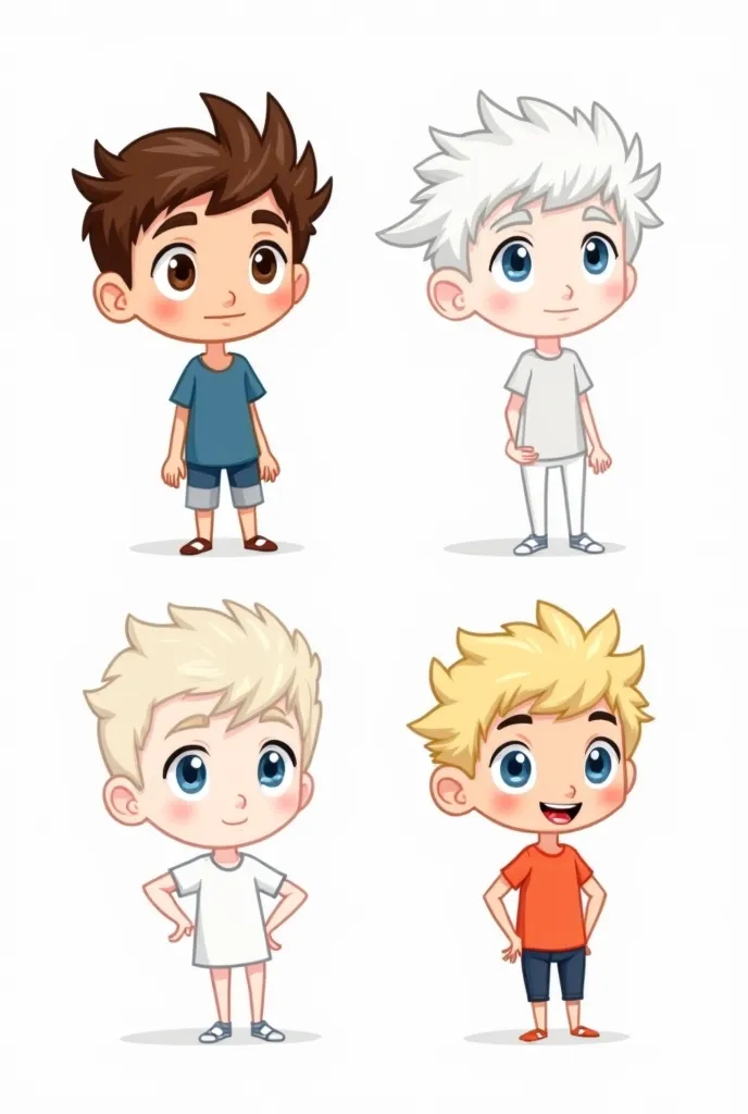 
Draw 3 characters 
1.  adolescent, brunette with straight brown hair and brown eyes
2. Menino alto adolescent, white with brown spiky hair and dark eyes 
3. Menino adolescent, white curled blond hair blue eyes