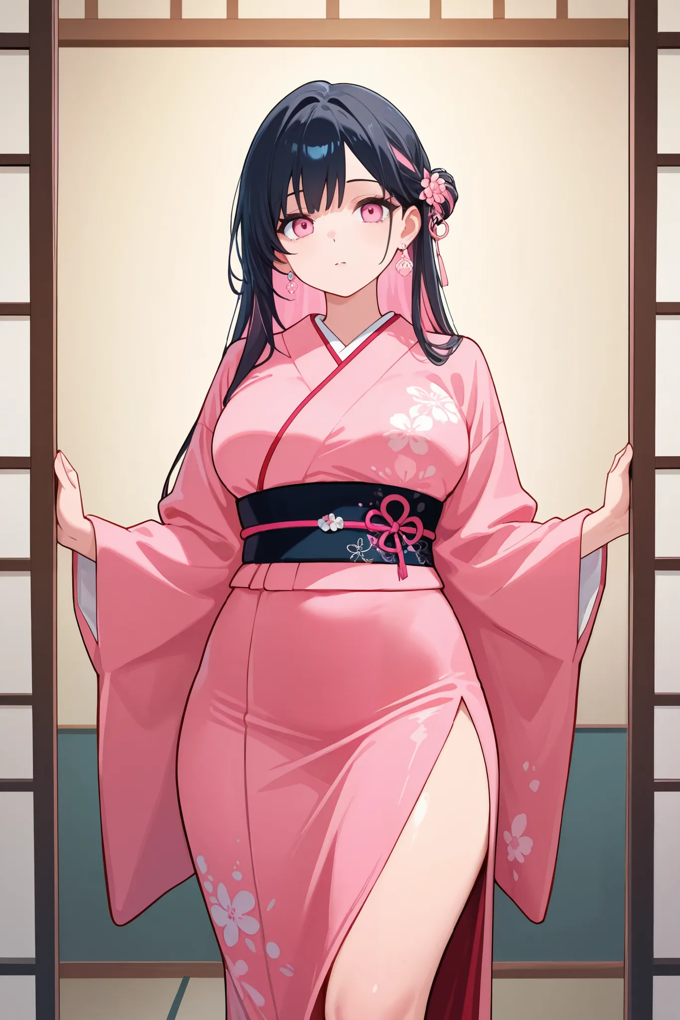 1 girl, Hair lengths reached the back, Black hair with some pink hair on the edges., pink eyes, but not bright, curvy body, wear a sexy kimono outfit, หน้าอกไซส์ปานกลาง, have a earrings.