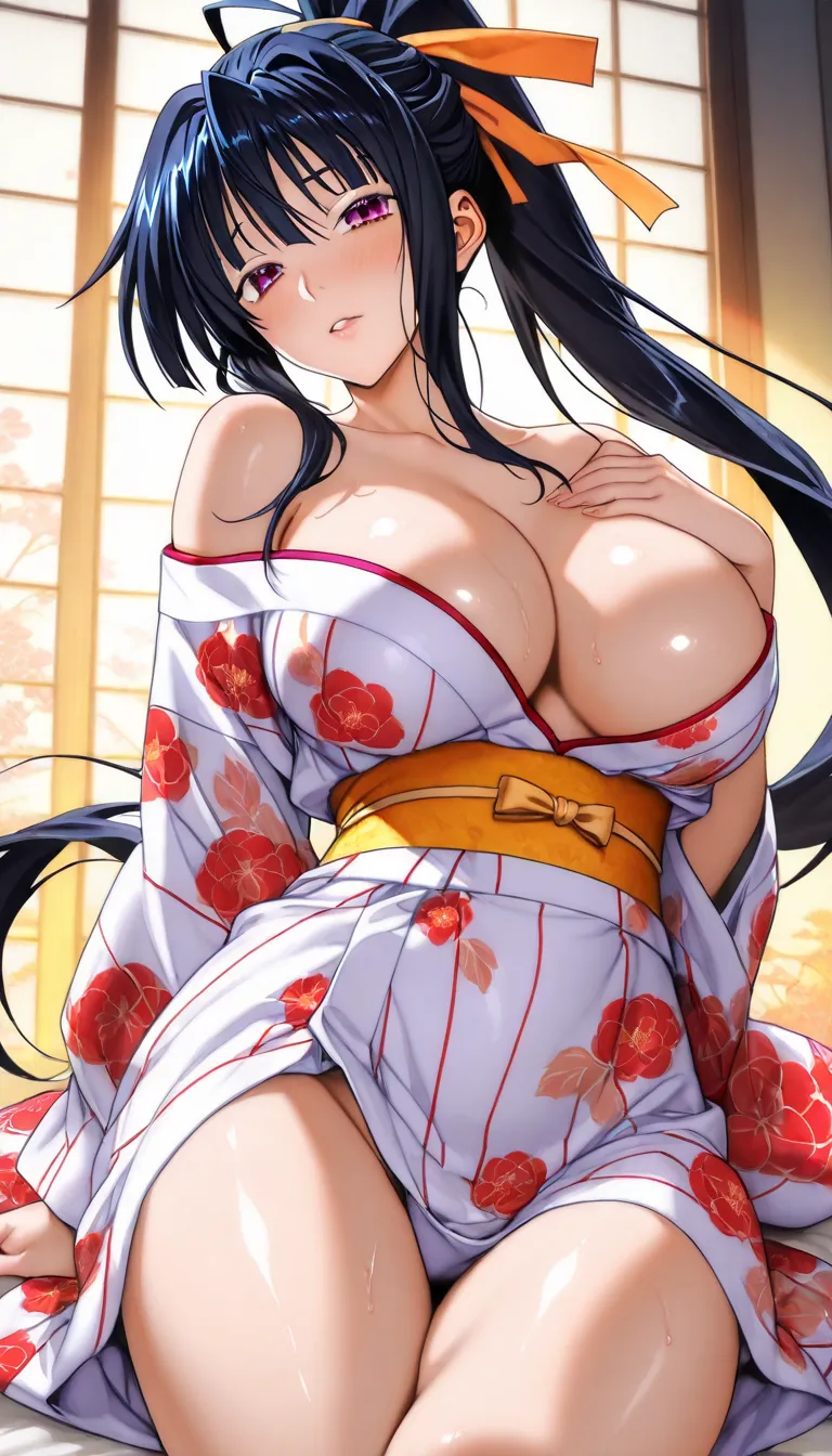 Akeno Himejima, (dxd Hentai,), Very short fitted kimono to the thighs with a neckline showing her large breasts