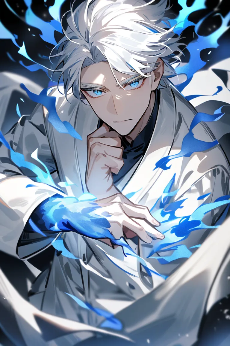 Create a handsome man Satoru Gojo with light blue eyes and white hair with white lashes and blue flames around 