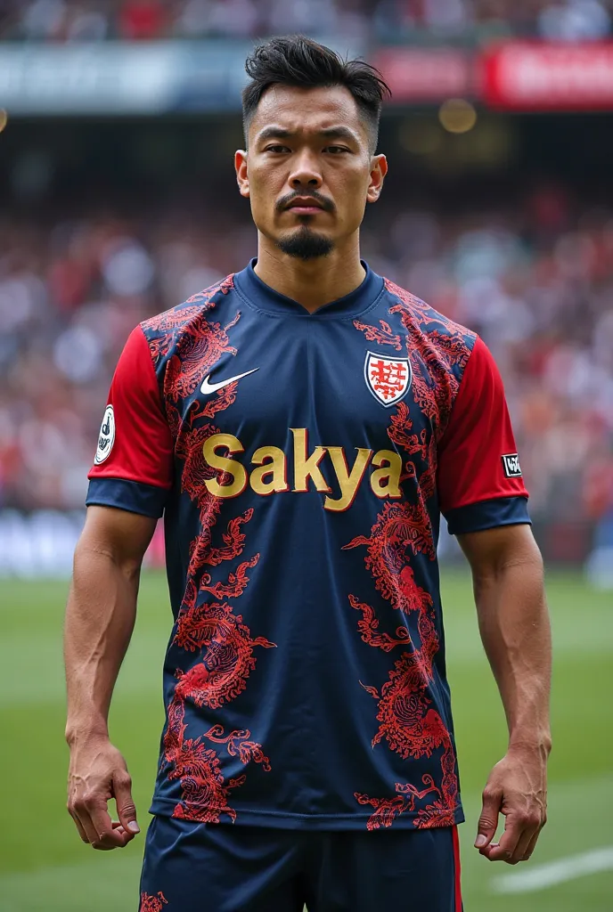 make a jersey for football with SAKYA name in the front, its color must be navy blue with red colar, and has a dragon design in front and back