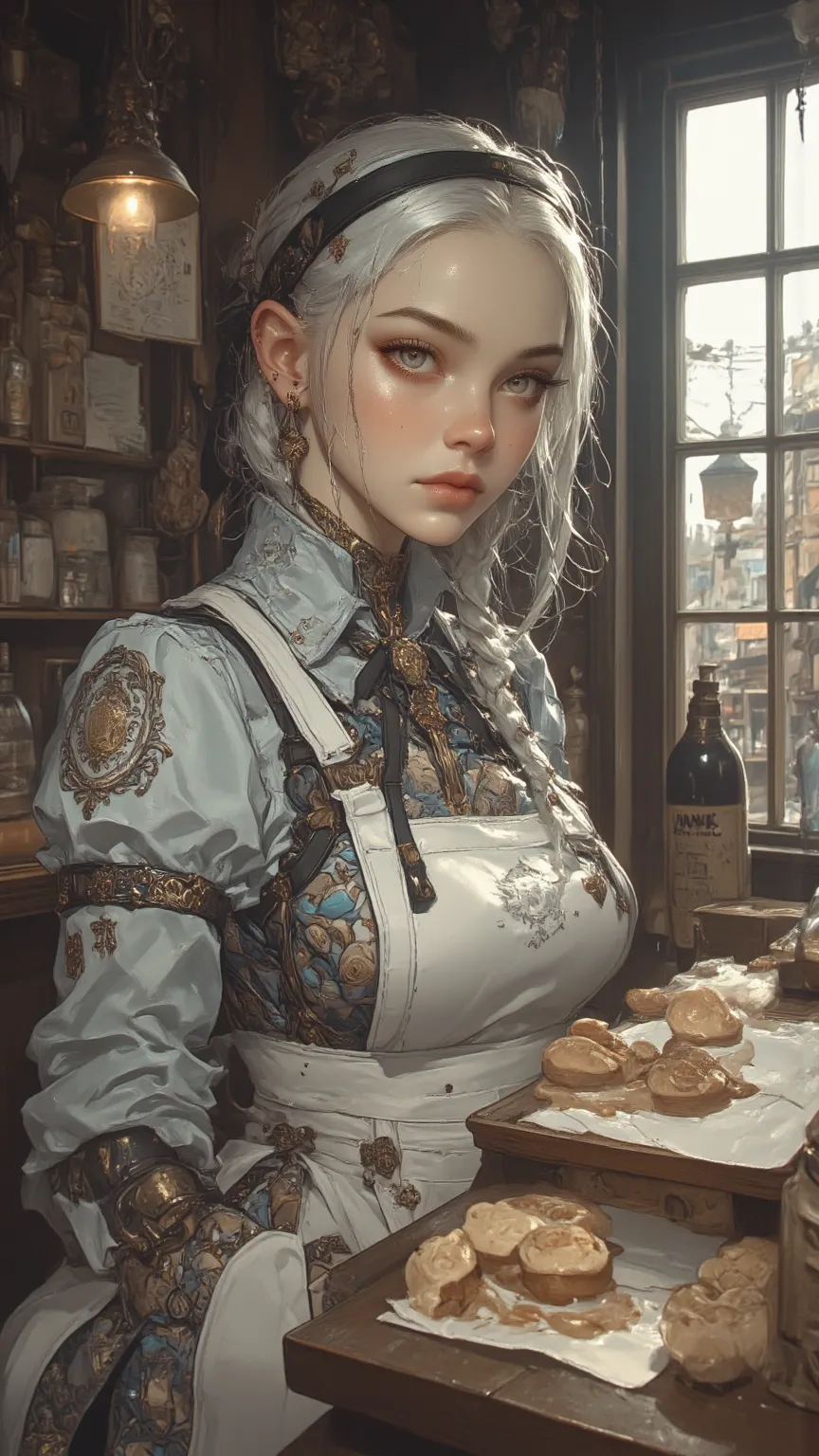 masterpiece、Clear Details、Complex Details、 1girl 、Pointed ears、Blue Eyes、short hair、silver hair、 Black Hair Band 、 Medium Chest 、 Qi Liu Hai、White nails、Red Eyeliner、 Traditional Media 、single braid、long braids、Smile、indoor、bakery、white apron、Lace Pants、 P...