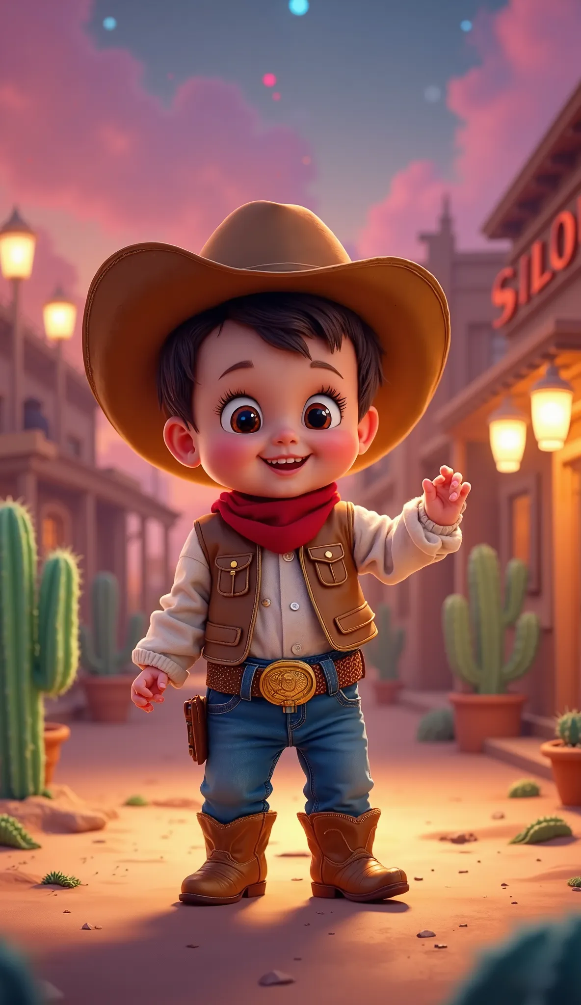 A charming cowboy baby in shiny boots and a mini hat dancing joyfully on an enchanted wild west stage with neon cacti and mystical saloons – cartoon. The baby is shown facing the camera with direct eye contact in a close-up that reveals its full body while...