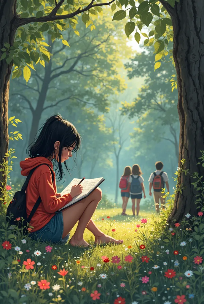 cover in which the central theme of the work focuses on the 17-year-old black-haired white girl and main character sitting in the woods watching her classmates walk and she is focused on drawing in her notebook, Surrounded by flowers and trees, the subject...