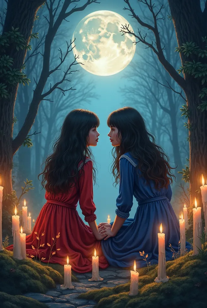 Two age friends, one with long straight hair dressed in red, the other with long wavy hair dressed in blue, sitting facing each other holding hands.In a full moon forest surrounded by descending candles with an atmosphere of mystery and terror.