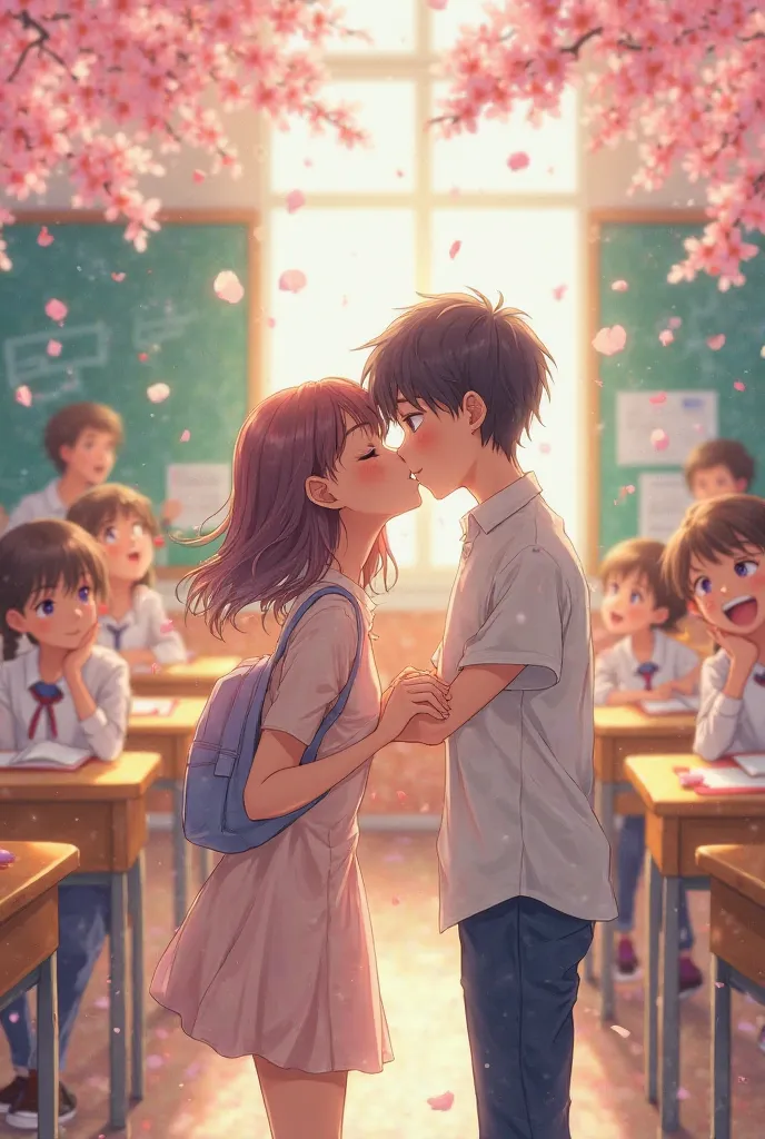 She kisses the boy in front of the whole school in the anime-style classroom 