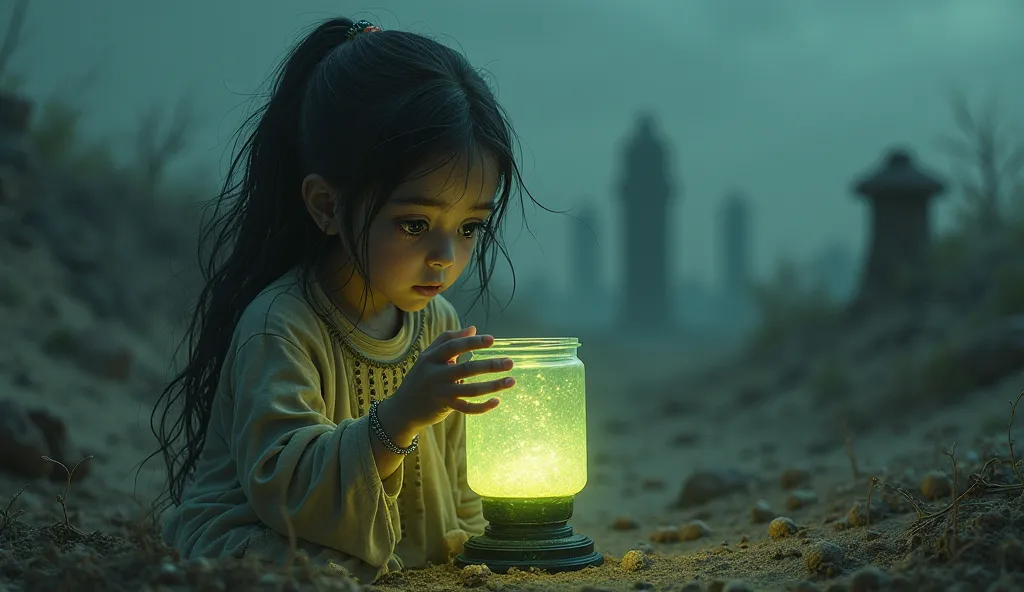 "An abandoned alien girl in a desolate, barren landscape, looking exhausted and hungry. She cautiously drinks from a glowing, mystical container filled with a strange liquid, her eyes filled with both curiosity and desperation. The scene is eerie, with dar...