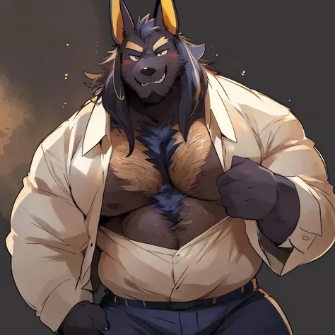 anubis, furry, handsome, very muscular, very big, extremely hot and sexy, beard, hair, chest hair, charming eyes, solo, male, happy expression, daddy, full body, big body, clothes, middle aged, by hyaku, by darkgem, by glitter trap boy