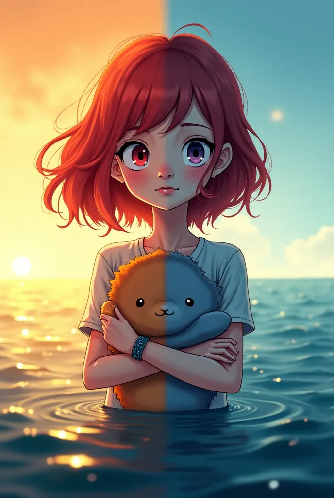 Create an image in the animation style, where the female character is divided in half, representing the past and the present. The division must be subtle, but visible, symbolizing her emotional transformation the character is red-haired.

past (Left Side):...