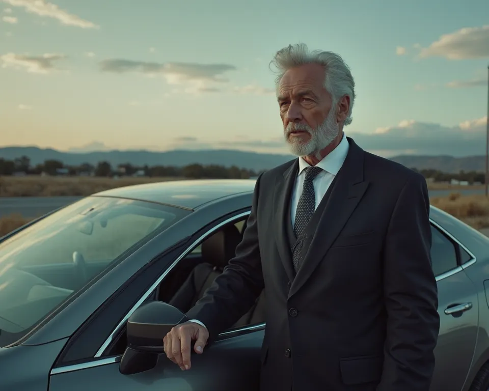 a white American man in a suit, standing next to a car, fierce face, without a beard,   small eyes, Calm gaze, Opposite Angle, sharp face. image (sharp, exotic, Beautiful Light  , 8k, no errors) Closing the door on the right side of the car,Soon after taki...