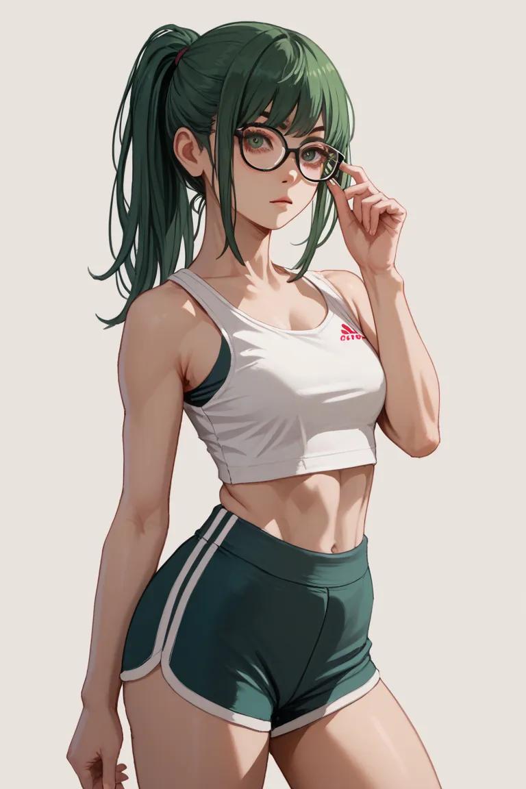 1 girl, dark green hair, bangs, ponytail, Maki Zennin, glasses , white cropped tank top, sports shorts 