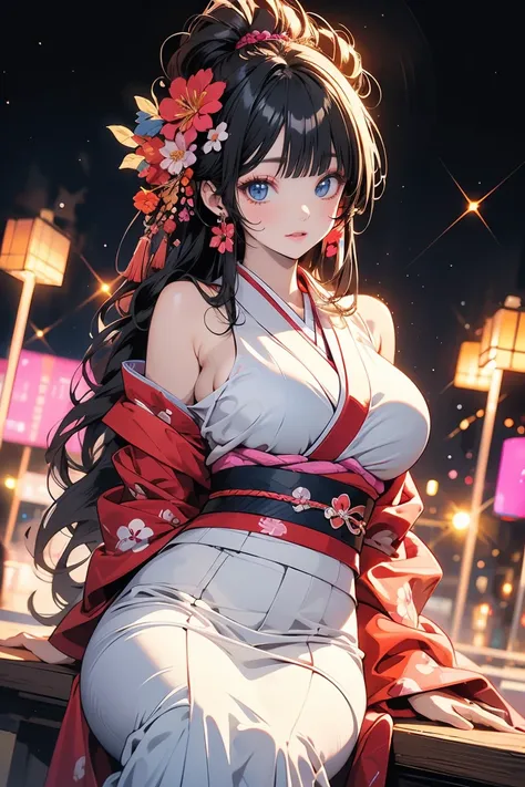 (Anime:1.4) Cute and surreal cute", Anime cute young,, Beautiful girl with big boobs, Makeup, Kimono, ((Beautiful eyes with amazing details)) Colorful, Lighting, (Looking at the viewer) "She is wearing a colorful kimono. She is sitting in a colorful flower...