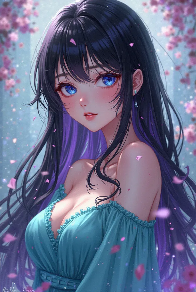 Make me an anime girl with long black hair but purple tips with a turquoise blouse that shows her shoulders and that has blue eyes 