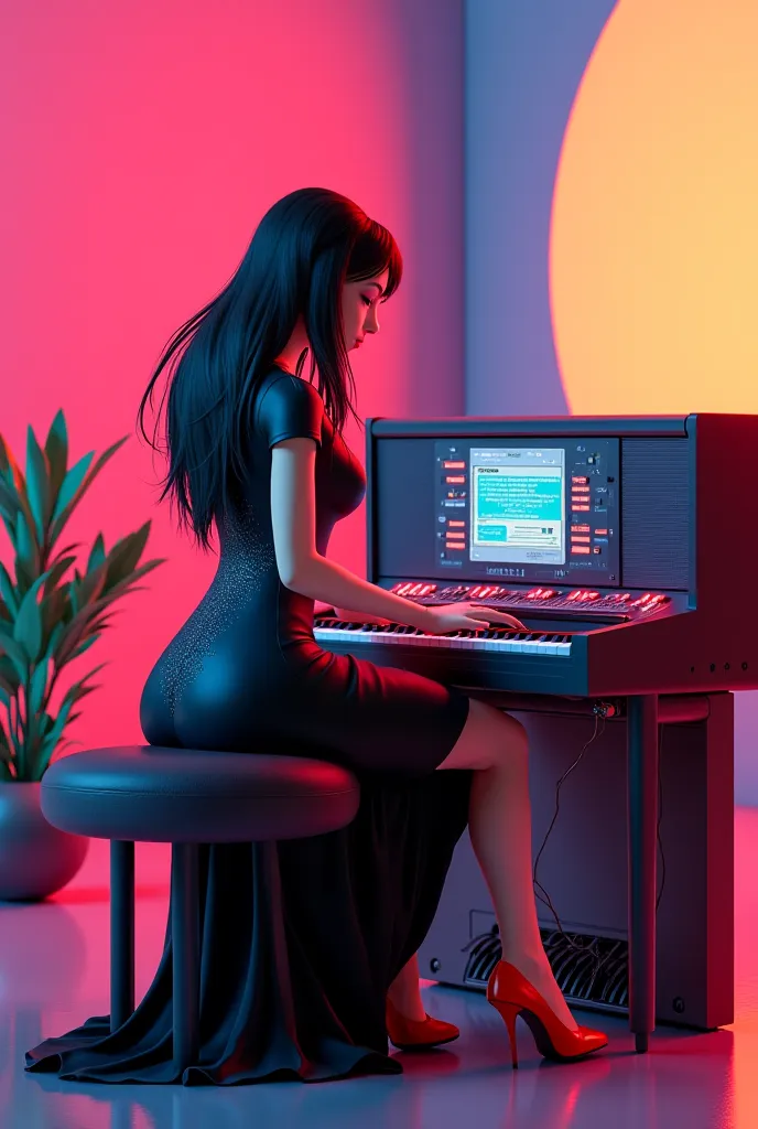 Pixer-inspired 3D poster capturing a  ager, Brazilian, long black hair, long black dress with short sleeves, red heel, Playing electronic organ seated