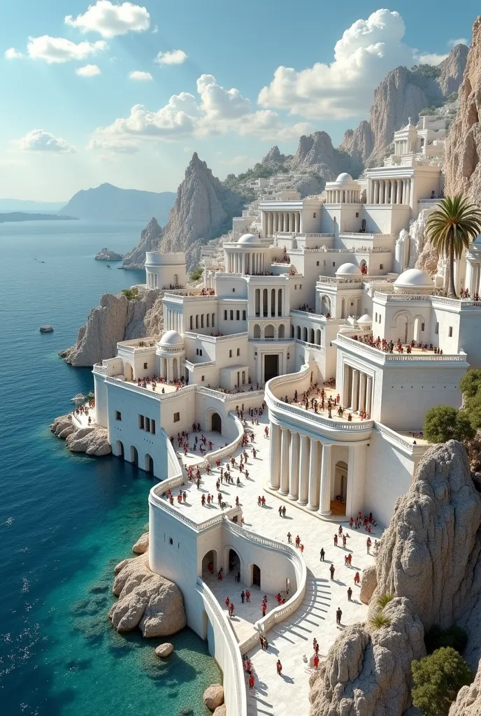 medieval White marble kingdom, Grecian style, up on a cliff, busy streets and shops