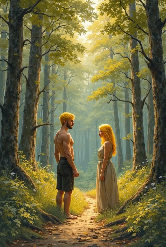 
drawing of a forest with a man without a beard, short hair down to a little lower than his ears, yellow hair and a woman, the two yellow-haired blondes, staring at a distance of 2 meters between them in an ancient era 