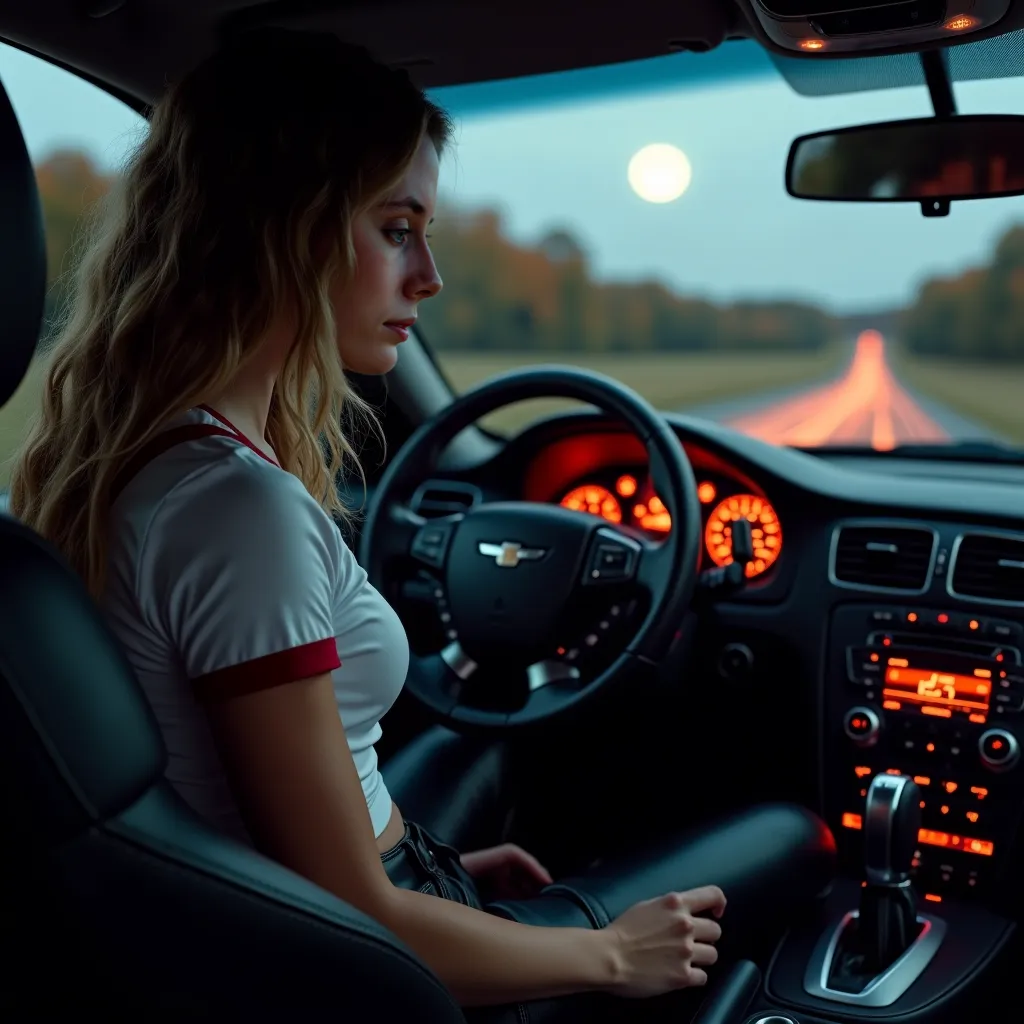  tight white ringer tshirt belly shirt skin tight black leather shiny jeans white van shoes in her car driving down the road. 3rd person view from the passenger seat looking at her. riding through the fall country time.  photo realistic highly detailed hyp...