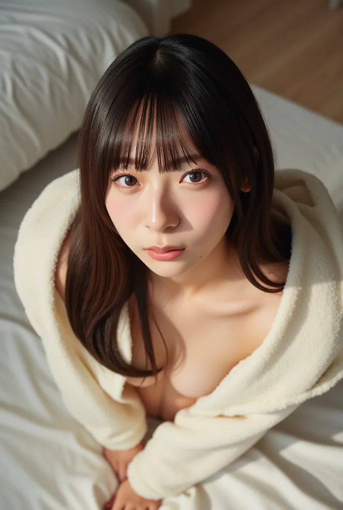 Photorealistic, 8k, a young woman with long silky straight dark-brown hair, soft bangs framing her delicate face, bare body, small breast, bare chest. She is dressed in a cozy, oversized cream-white fleece jacket with a plush texture, its wide collar sligh...