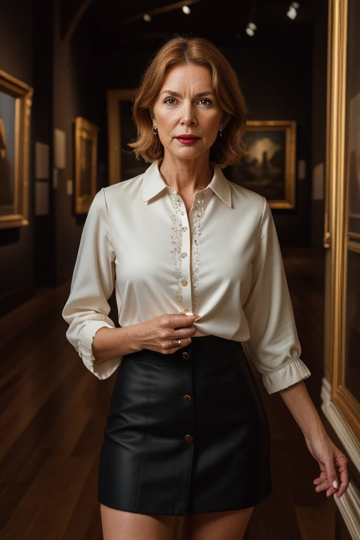 photorealistic photo of philcunk, A mature woman in a light blouse and a dark jacket ,  short skirts, fine lines and wrinkles, standing in a museum, looking at the camera, realistic, (masterpiece:1.1), (Best quality photo:1.1),                 beautiful, (...