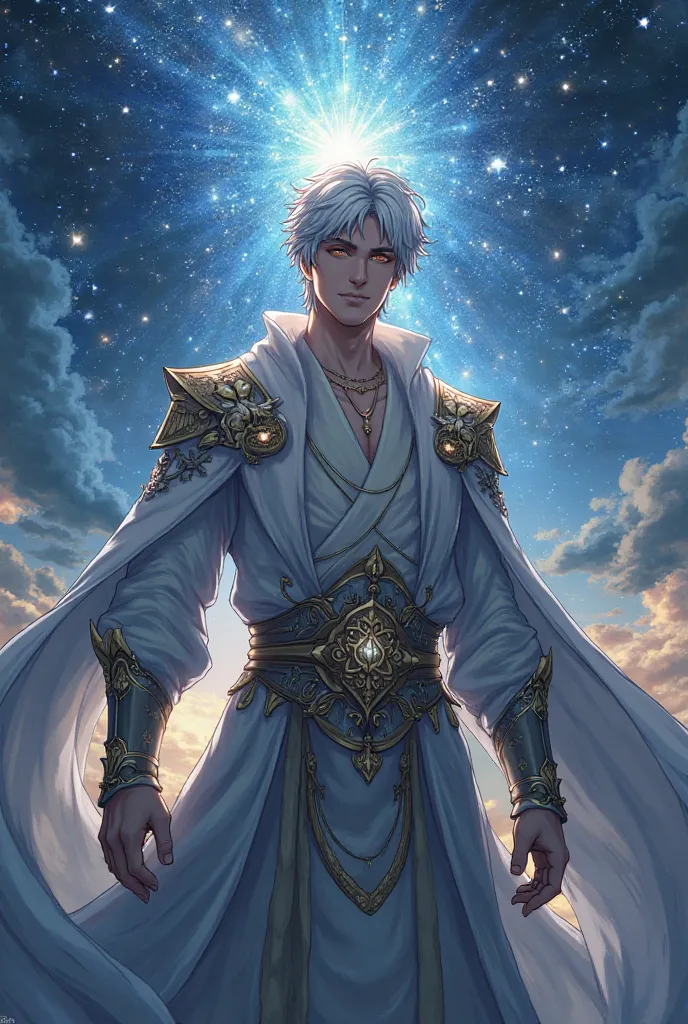  A handsome man , with silver hair and golden eyes, He is the guardian of the stars.  realistic anime style 