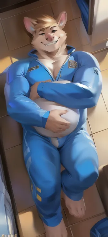 Solo, male Tall​l, Lying on the floor,Dark bathroom, pig hamster ,Tight hug on the chest.,blue military​ spacesuit​ , overweight, muscular, Smirking evil ​, by chunie