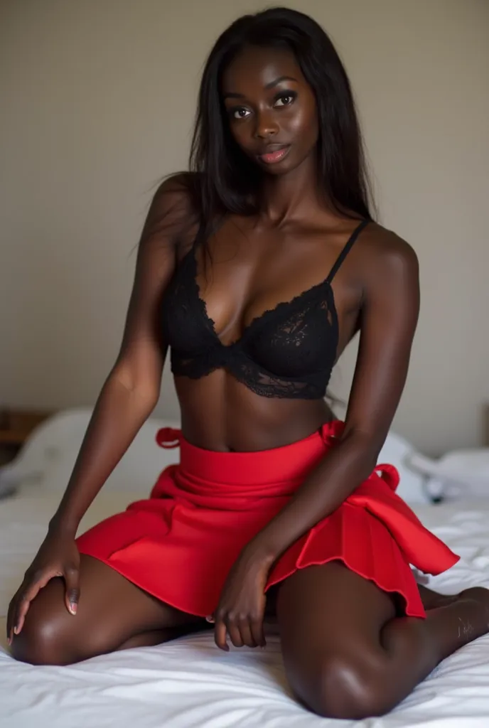 A photo of Fatima Diame in a black bra and red short box pleated skirt, black thigh high stockings with lace, sitting on a bed, posing, legs spread wide, sitting frontally