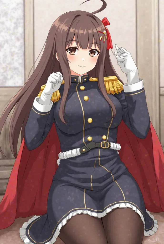  score_9,  score_8_are, Source _anime,  1girl , Alone, Yamashiroren,  Long hair ,   blunt bangs  , hair ornament, military uniform, shoulder ornaments,  white gloves , red cape, Waist, black pantyhose,  sitting , arel trono, open legs,  smirk , indoors , 