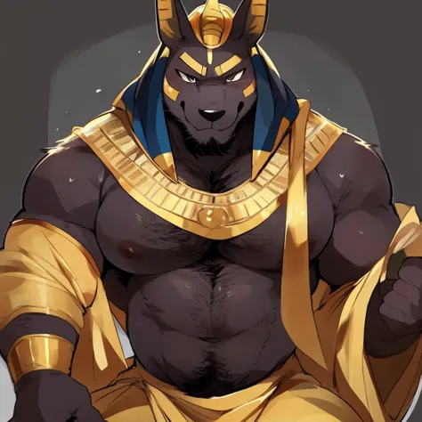 anubis, furry, handsome, very muscular, very big, extremely hot and sexy, beard, hair, chest hair, charming eyes, solo, male, happy expression, daddy, full body, big body, golden clothes, ancient egypt, middle aged, by hyaku, by darkgem, by glitter trap bo...