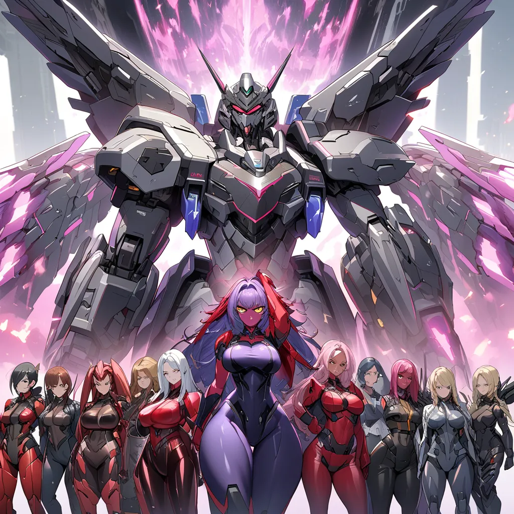 Anime, high detailed, multiple womans, mature womans, mecha armor, large mechanical wings, "Automotive-like" details on their mecha armors, serious, large clawed Gauntlet, red skin, curvy body, long mechanical tail,pink sclera、Colored sclera、crimson Colore...