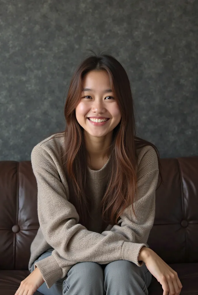 The image is a high-resolution photograph featuring a young woman with a light skin tone, possibly of East Asian descent, seated on a dark brown leather sofa against a textured, dark gray wall with a subtle, slightly rough surface. She has long, straight b...