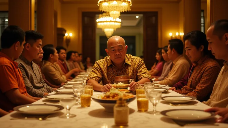 A luxurious Indonesian-style mansion with golden chandeliers and high ceilings. The room is filled with elegantly dressed Indonesian guests, enjoying a grand feast at a long table decorated with fine china and golden utensils. In the center, Pak Surya, a m...