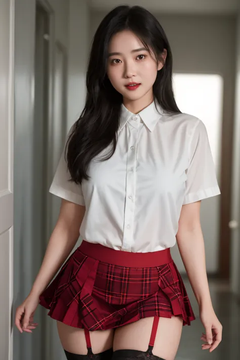 An exceedingly gorgeous tween schoolgirl, dressed in a traditional plaid skirt and crisp white shirt, standing in a dimly lit, private corner of a school corridor. Her youthful features are highlighted by a mischievous smile playing on her lips as she rais...