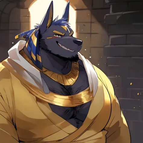 anubis, furry, handsome, very muscular, very big, extremely hot and sexy, beard, hair, chest hair, charming eyes, solo, male, happy expression, daddy, full body, big body, golden clothes, ancient egypt, middle aged, by hyaku, by darkgem, by glitter trap bo...