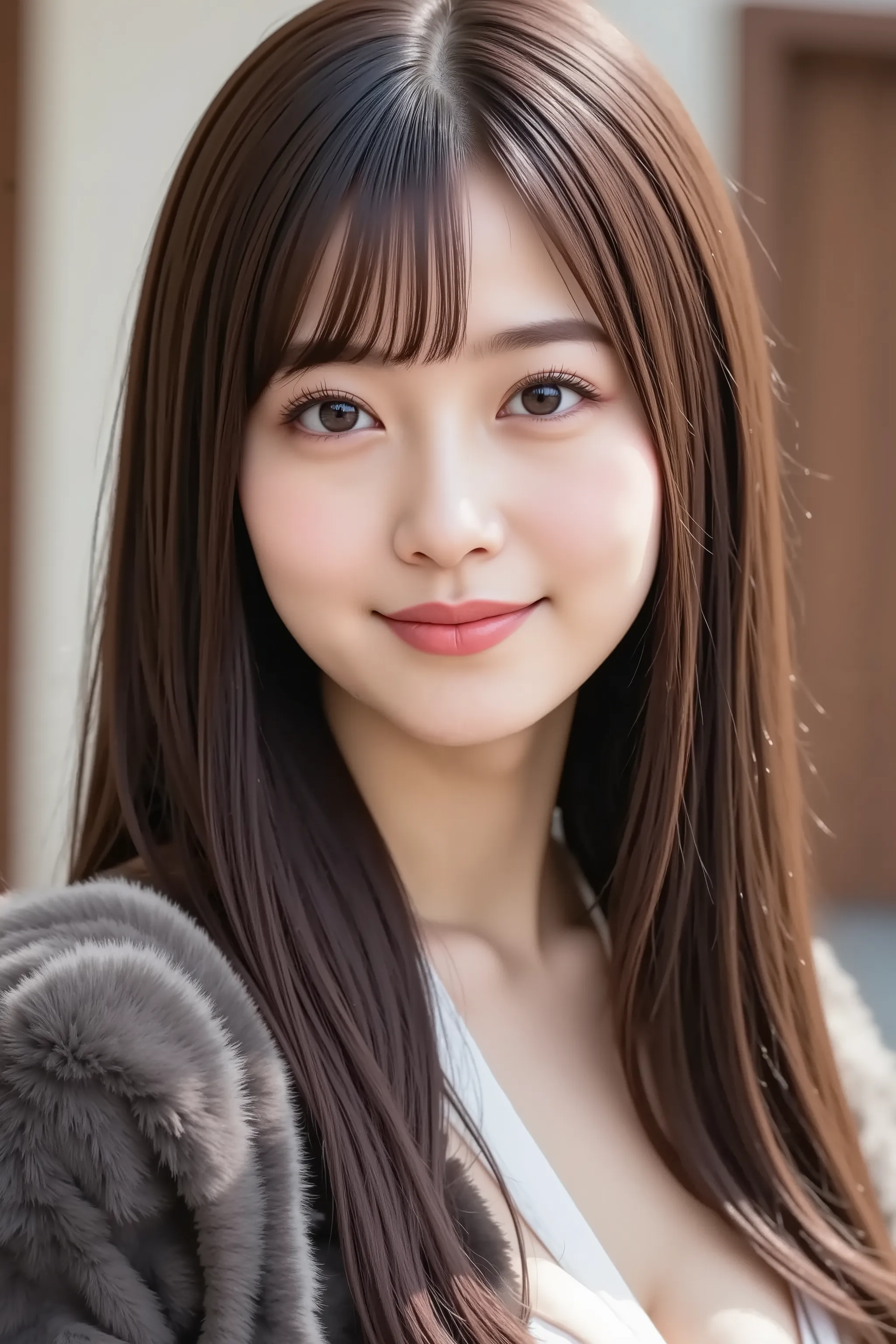 The face is positioned exactly in the center of the image , , the entire head is fully reflected , Face clearly visible、Fur Coat, Puree soup outside the dance hall、long hair、bungs, smile, young and cute japanese face , Official Art, high image quality duri...