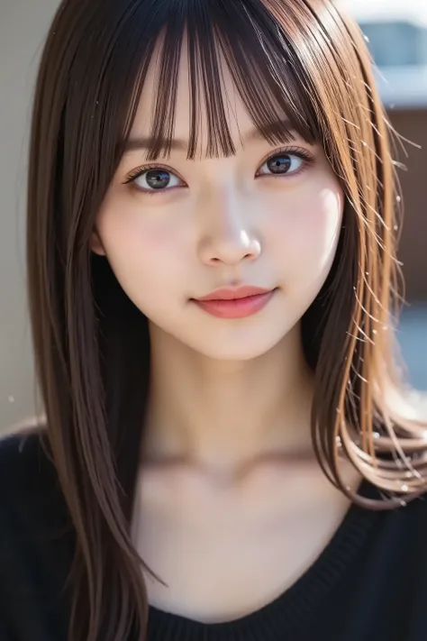 The face is positioned exactly in the center of the image , , the entire head is fully reflected , Face clearly visible、 black sweater, car, long hair、bungs, smile, young and cute japanese face , Official Art, high image quality during sick leave CG Unity ...