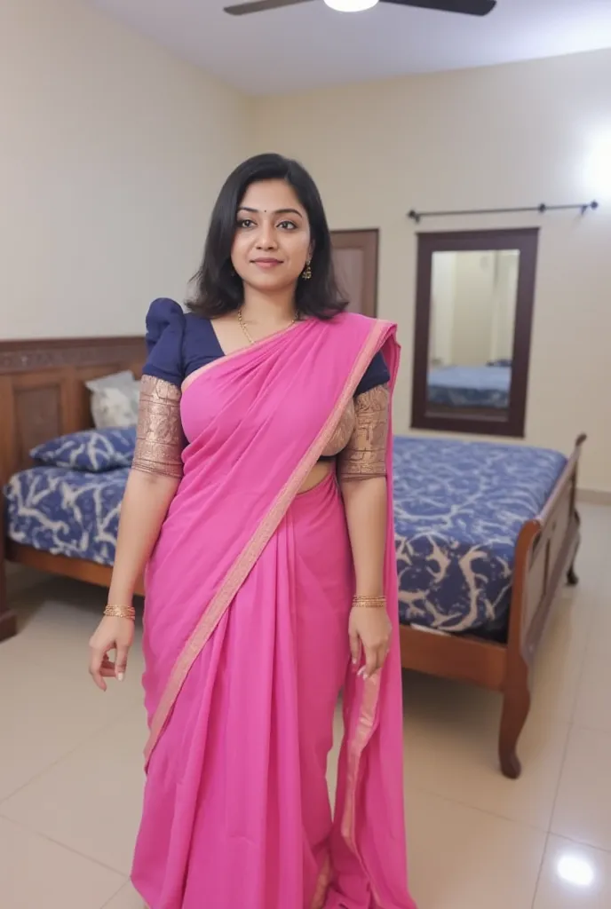 Full length  photo of kerala  female   in bedroom. kerala.she is curvy chubby shaped.reshma is average sized body. perfectly fit body figure with big breast and indian fair skin tone and black hair.wearing pink saree and navy blue blouse bedroom showing de...