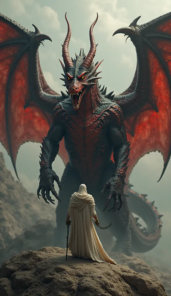 the dragon, the ancient serpent, is a colossal and menacing creature, with red and black scales, its yellow eyes with vertical pupils shine with malice. It has enormous bat wings and a long tail, with sharp spines. the dragon está preso por uma cadeia dour...