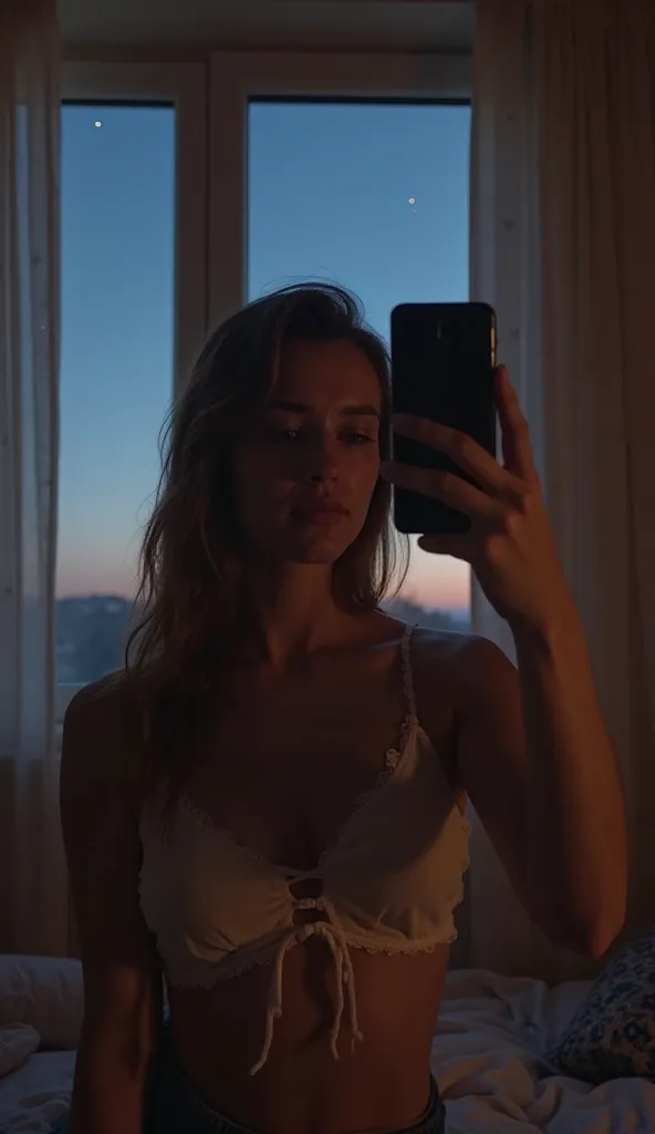 The same young woman taking another selfie in her bedroom at night. The window behind her is slightly open, revealing a calm night sky with a few stars. A gentle breeze moves the curtains slightly, adding a subtle change to the scene.
