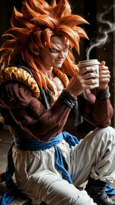 Ssj4 gojeta ,character with a muscular build, featuring spiky orange hair and a confident expression. The character has maroom fur skin  and is wearing a black top with a yellow fur-like collar. The outfit includes white baggy pants tied with a blue sash, ...