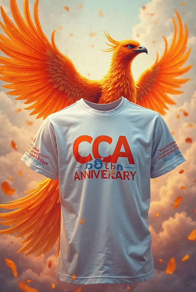 A white t-shirt with orange and blue colors that says cca 58th anniversary and on the sleeve says to educate with the truth is to make a positive story and behind the shirt an orange Phoenix